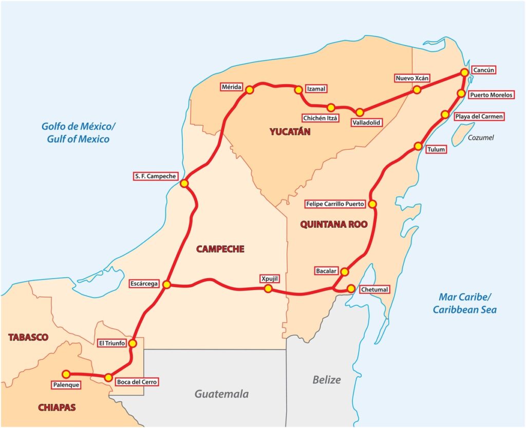 Carte du parcours du Train Maya reliant Cancún, Tulum, Bacalar, Mérida, Palenque et d’autres villes à travers les États du sud-est du Mexique.